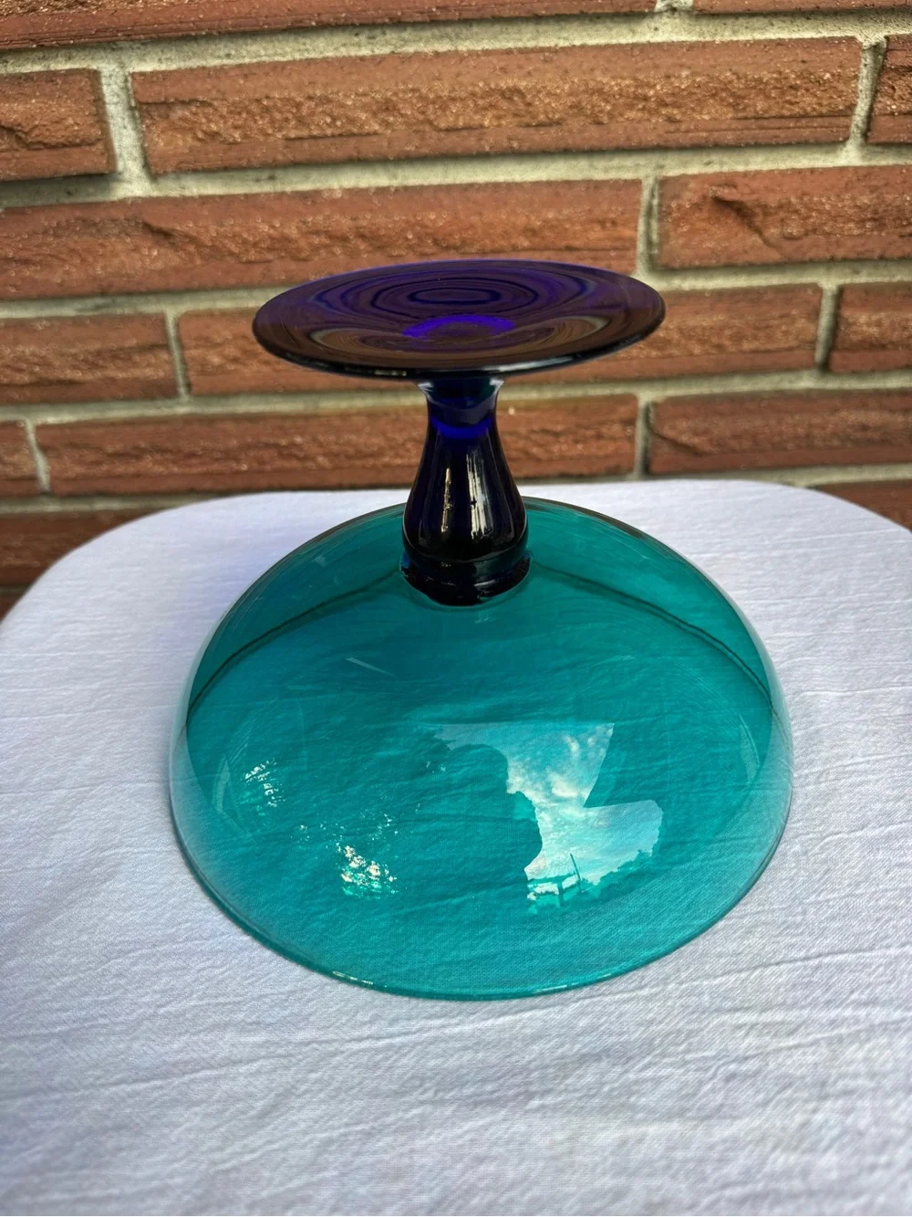 Vintage Teal & Cobalt Blue Art Glass Pedestal Bowl 8”